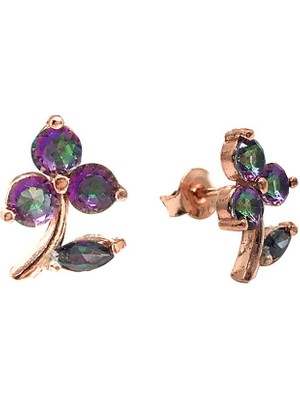 Sunshine 925 Ayar Rose Kaplamalı Mistik Topaz 3 Yapraklı Yonca Gümüş Küpe