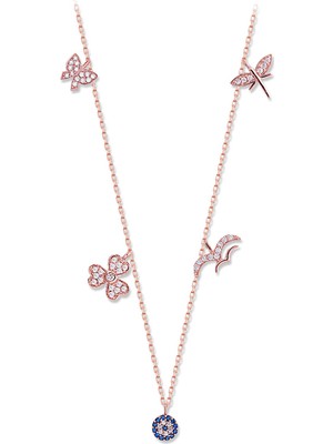 Sunshine 925 Ayar Rose Kaplamalı Beyaz Taşlı Nazarlı Gümüş Şans Kolyesi