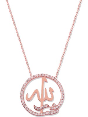 Sunshine 925 Ayar Rose Kaplamalı Beyaz Taşlı Allah Lafzı Gümüş Kolye