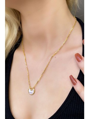 Sunshine 925 Ayar Gold Kaplamalı Beyaz Zirkon Taşlı ve Yuvarlak Sedef Taşlı Gümüş Kolye