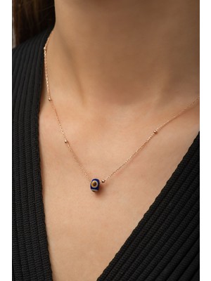 Sunshine 925 Ayar Rose Kaplamalı Lacivert Mineli Nazar Gözlü Top Zincirli Gümüş Kolye