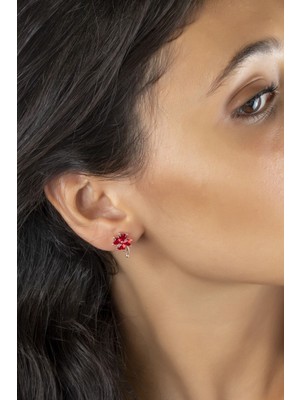 Sunshine 925 Ayar Rose Kaplamalı Ruby Taşlı Yonca Gümüş Küpe