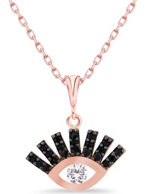 Sunshine 925 Ayar Rose Kaplamalı Siyah ve Beyaz Taşlı Göz Minimal Gümüş Kolye