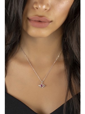 Sunshine 925 Ayar Rodyum Kaplamalı Ruby Taşlı Kuş Tasarımlı Gümüş Kolye