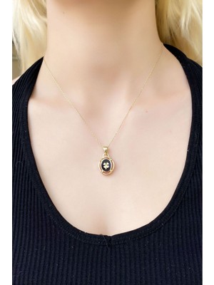 Sunshine 925 Ayar Gold Kaplamalı Siyah Mineli Yonca Gümüş Kolye