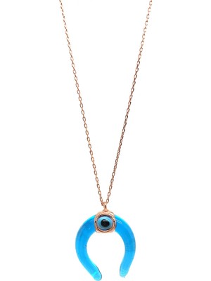 Sunshine 925 Ayar Rose Kaplamalı Nazar Gözlü Mavi Mineli Ay Tasarım Gümüş Kolye