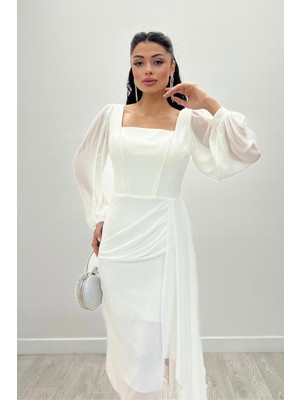 Giyimmasalı Atlas Kumaş Boncuk Detaylı Şifon Kol Kalem Elbise - Beyaz