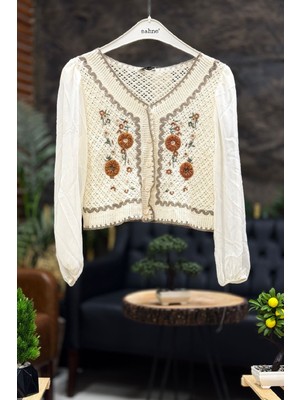 Sahnemoda Kolları Tül Nakış Kopenaklı Kısa Hırka