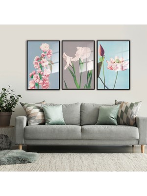 Gaagart 3lü Metal Çerçeveli Cam Tablo Seti Soft Pembe ve Beyaz Çiçekler