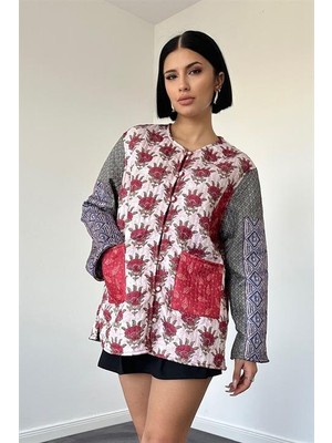 Elbee Fashion Woman Çiçek Desenli Ceket - Kırmızı