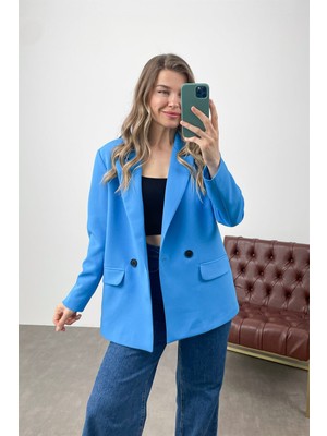 Sue Store Mavi Oversize Çift Düğmeli Blazer Ceket