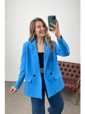 Sue Store Mavi Oversize Çift Düğmeli Blazer Ceket