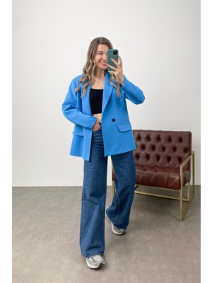 Sue Store Mavi Oversize Çift Düğmeli Blazer Ceket