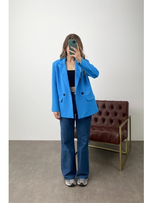 Sue Store Mavi Oversize Çift Düğmeli Blazer Ceket