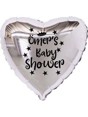 Eğlence Marketi 18 Inç Gümüş Renk Kişiye Özel Baby Showers Yazılı Yıldız-Taç Figürlü Kalp Folyo Balon
