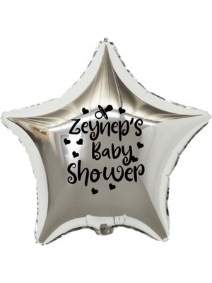 Eğlence Marketi 18 Inç Gümüş Renk Kişiye Özel Baby Showers Yazılı Emzik-Kalp Figürlü Yıldız Folyo Balon