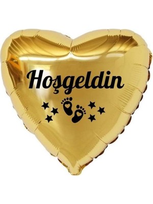 Eğlence Marketi 18 Inç Gold Renk Bebek Ayak Figürlü Hoşgeldin Yazılı Yeni Doğan Temalı Kalp Folyo Balon