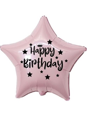 Eğlence Marketi 18 Inç Pembe Renk Taç - Yıldız Figürlü Happy Birthday Temalı Yıldız Folyo Balon