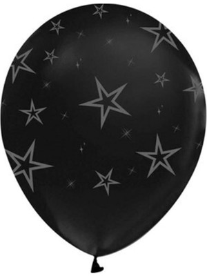 Eğlence Marketi 12 Inç Standart Boy Baskılı Balon 10 Adet Siyah Yıldızlı Gümüş