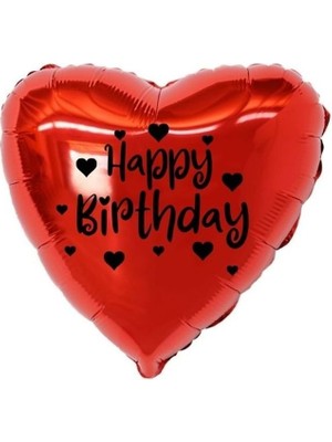 Eğlence Marketi 18 Inç Kırmızı Renk Kalp Figürlü Happy Birthday Temalı Kalp Folyo Balon