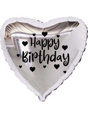 Eğlence Marketi 18 Inç Gümüş Renk Kalp Figürlü Happy Birthday Temalı Kalp Folyo Balon