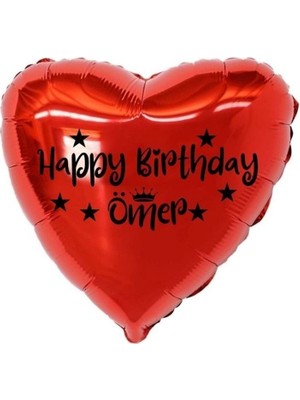 Eğlence Marketi 18 Inç Kırmızı Renk Kişiye Özel Happy Birthday Yazılı Yıldız-Taç Figürlü Kalp Folyo Balon