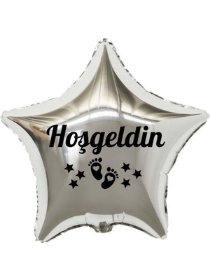 Eğlence Marketi 18 Inç Gümüş Renk Bebek Ayak Figürlü Hoşgeldin Yazılı Yeni Doğan Temalı Yıldız Folyo Balon