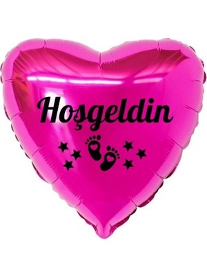 Eğlence Marketi 18 Inç Fuşya Renk Bebek Ayak Figürlü Hoşgeldin Yazılı Yeni Doğan Temalı Kalp Folyo Balon