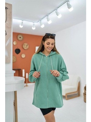 Elbee Fashion Woman Inci Detaylı ve Kapüşonlu Hırka - Mint