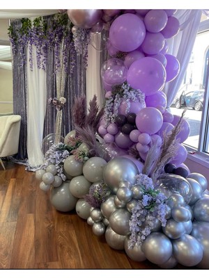 Eğlence Marketi Krom Gümüş Makaron Lila ve Gri Balon Zinciri 100 Adet