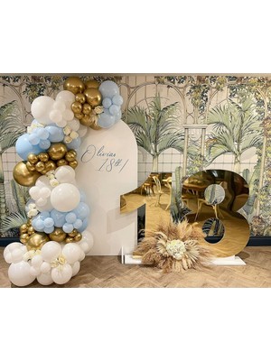 Eğlence Marketi Krom Gold Makaron Baby Blue ve Beyaz Balon Zinciri 100 Adet
