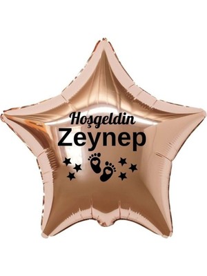 Eğlence Marketi 18 Inç Rose Gold Renk Yeni Doğan Kişiye Özel Hoşgeldin Bebek Yazılı Ayak Figürlü Yıldız Folyo Balon