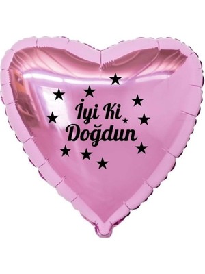 Eğlence Marketi 18 Inç Pembe Renk Yıldız Figürlü Iyi Ki Doğdun Temalı Kalp Folyo Balon