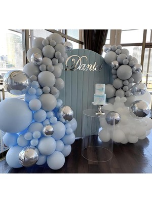 Eğlence Marketi Krom Gümüş Makaron Mavi Taş Rengi ve Beyaz Balon Zinciri 100 Adet