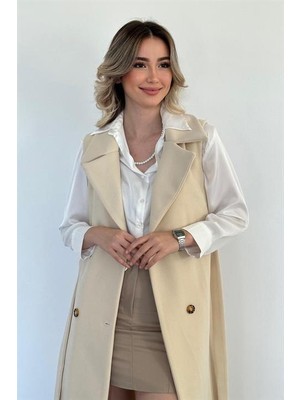 Elbee Fashion Woman Kolsuz Kaşe Kaban - Ekru