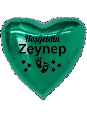 Eğlence Marketi 18 Inç Yeşil Renk Yeni Doğan Kişiye Özel Hoşgeldin Bebek Yazılı Ayak Figürlü Kalp Folyo Balon