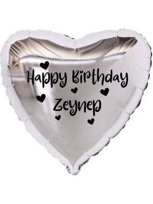 Eğlence Marketi 18 Inç Gümüş Renk Kişiye Özel Happy Birthday Yazılı Kalp Figürlü Kalp Folyo Balon