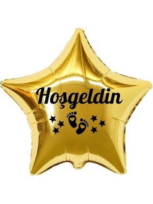 Eğlence Marketi 18 Inç Gold Renk Bebek Ayak Figürlü Hoşgeldin Yazılı Yeni Doğan Temalı Yıldız Folyo Balon