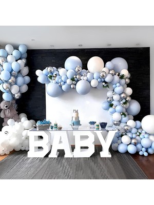 Eğlence Marketi Krom Gümüş Makaron Mavi Duman ve Beyaz Balon Zinciri 100 Adet