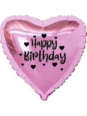 Eğlence Marketi 18 Inç Pembe Renk Kalp Figürlü Happy Birthday Temalı Kalp Folyo Balon