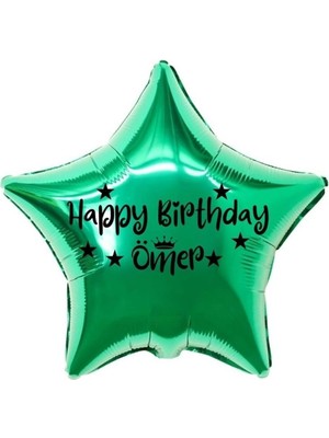 Eğlence Marketi 18 Inç Yeşil Renk Kişiye Özel Happy Birthday Yazılı Yıldız-Taç Figürlü Yıldız Folyo Balon
