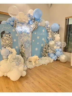 Eğlence Marketi Krom Gümüş Makaron Mavi ve Beyaz Balon Zinciri 100 Adet