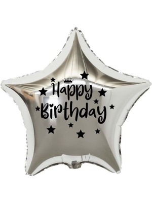 Eğlence Marketi 18 Inç Gümüş Renk Taç - Yıldız Figürlü Happy Birthday Temalı Yıldız Folyo Balon