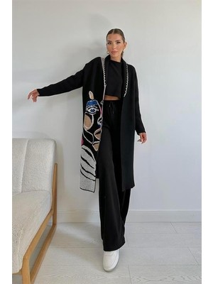 Elbee Fashion Woman Yüz Desenli Hırka - Siyah