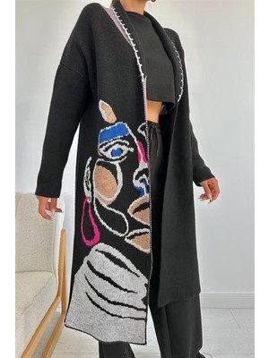 Elbee Fashion Woman Yüz Desenli Hırka - Siyah