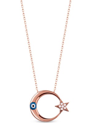Sunshine 925 Ayar Rose Kaplamalı Beyaz Taşlı Nazar Gözlü Ay Yıldız Gümüş Kolye