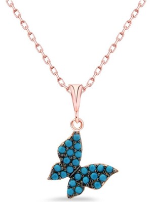 Sunshine 925 Ayar Rose Kaplamalı Turkuaz Taşlı Minimal Tasarım Kelebek Gümüş Kolye