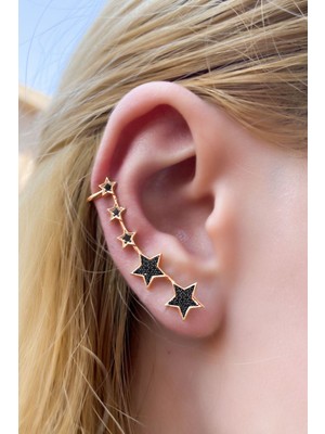 Sunshine 925 Ayar Rose Kaplamalı Siyah 5 Taşlı Kayan Yıldız Sıralı Gümüş Küpe