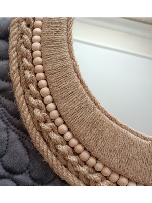 Nidage Yuvarlak Bohem Hasır Duvar Aynası, Rattan, Bambu, Ayna Haki Rafya Duvar Aynası 34 cm