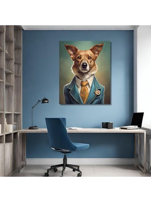 Gaagart Tekli Dikey Kanvas Duvar Tablosu Takım Elbiseli Kahverengi Köpek